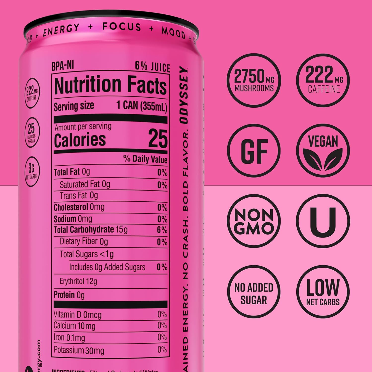 Odyssey Functional Energy Drink for Focus, Cognition & Mood Support 12 Pack - Adaptogenic Drink with 222mg Green Tea Caffeine, Lion’s Mane, Cordyceps, L-Theanine & Ginseng, Sparkling Pink Lemonade - Image 2