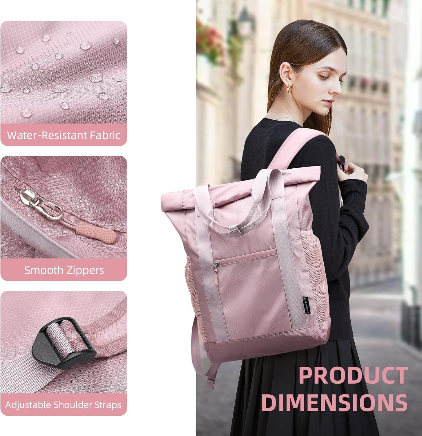 Foldable Convertible Tote Backpack Lightweight Versatile Nylon Daypack for Women Work Leisure Travel,Berry Pink - Image 9