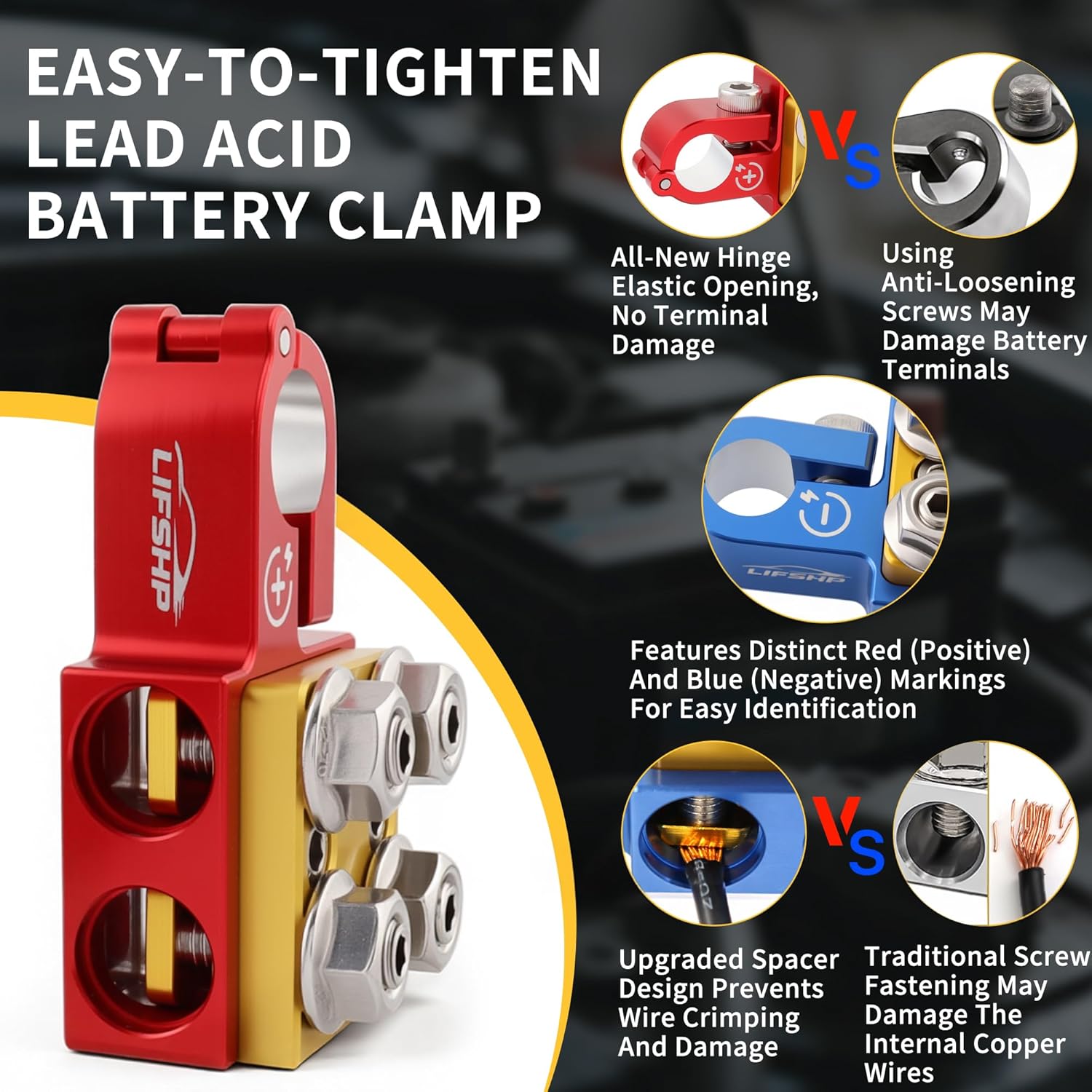 Battery Terminal Connectors, Red Positive Blue Negative Top Post Set, 4 x 2/0 AWG Inputs, 4 x 8MM Top & 3 x 6MM Bottom Studs, for SAE/DIN/EN Tapered Posts