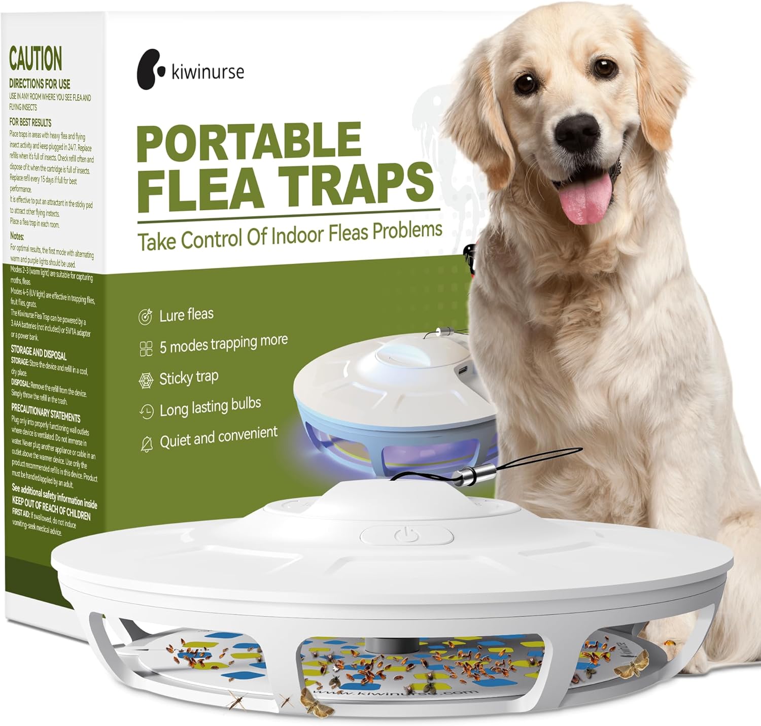 Flea Trap – Indoor Portable Flea Trap with 5 Refills, 9 Long-Lasting UV and Yellow Lights, Super Sticky Glue Cards, Covers up to 600 ft², White