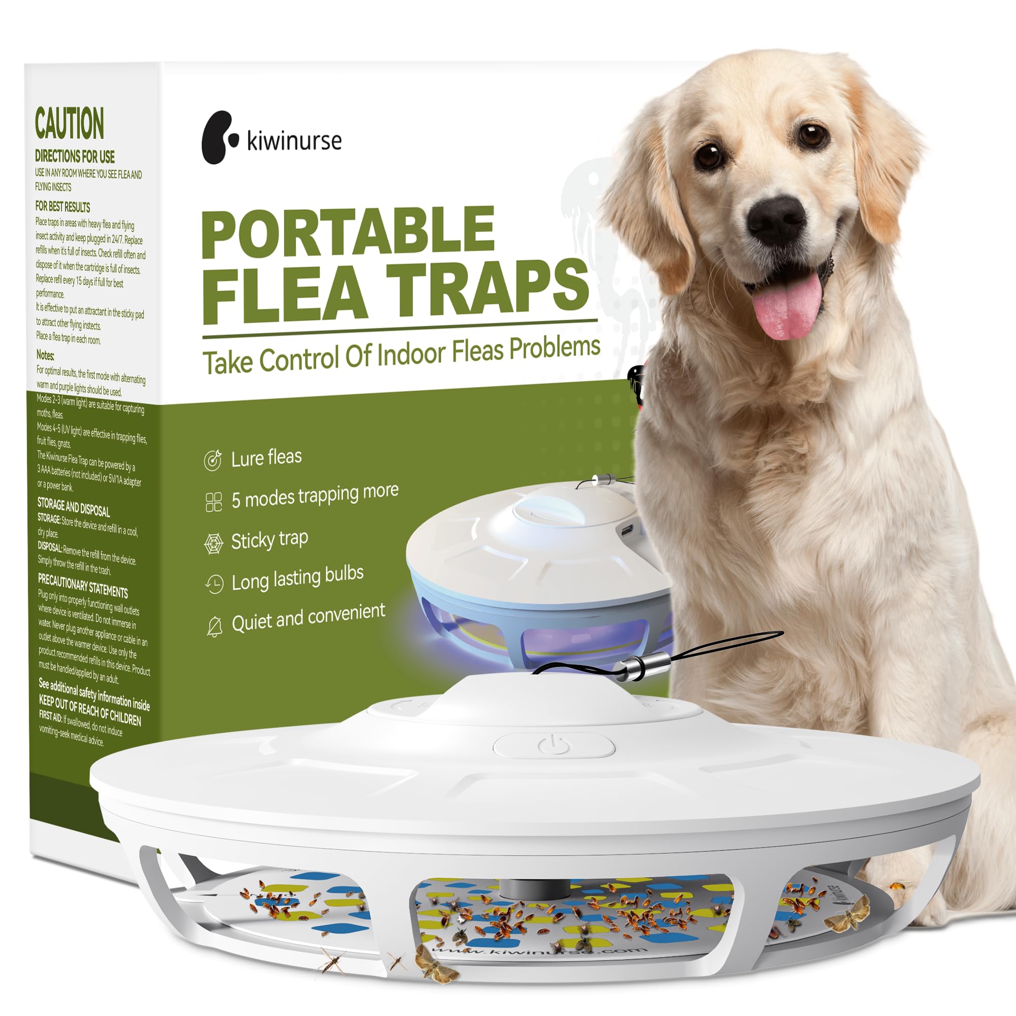 Pułapka na pchły – przenośna pułapka na pchły z 5 wkładami, 9 długotrwałymi światłami UV i żółtymi światłami, super lepkie karty klejące, pokrywa do 600 m², biała