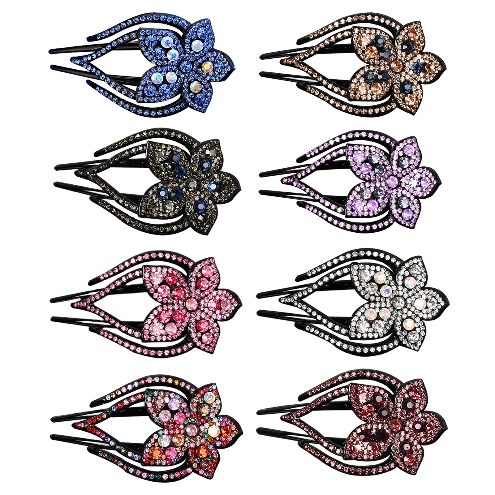 JINBUYAO Sparkling Rhinestone Duckbill Ponytail Hair Clips: 8 Double Flower Crystal Fancy Clips for Thick Hair (B)