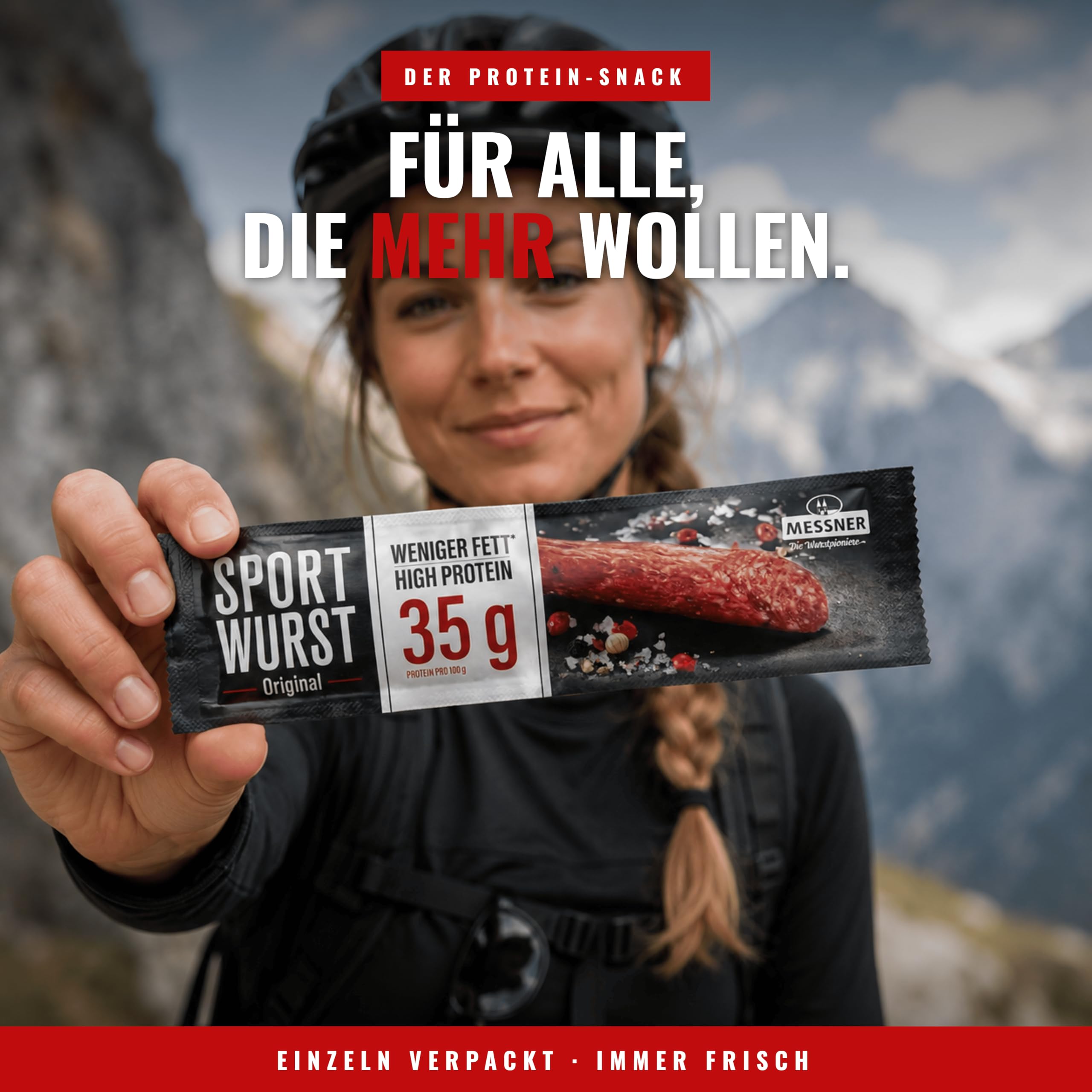 Messner Sportwurst 25x25g (625g) mit 35% Eiweiß und mind. 30% weniger Fett – Pork Snack, Saftig-fleischiger Biss, Zuckerarm – Herzhafte Alternative zu Pork Jerky, Salami Sticks & Protein Bar