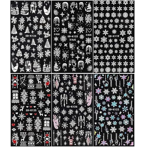 Miniatura 2 de 6 hojas de calcomanías de Navidad para arte de uñas huecas 5D exquisitas fuentes de arte de uñas autoadhesivas decoración de uñas de copo de nieve