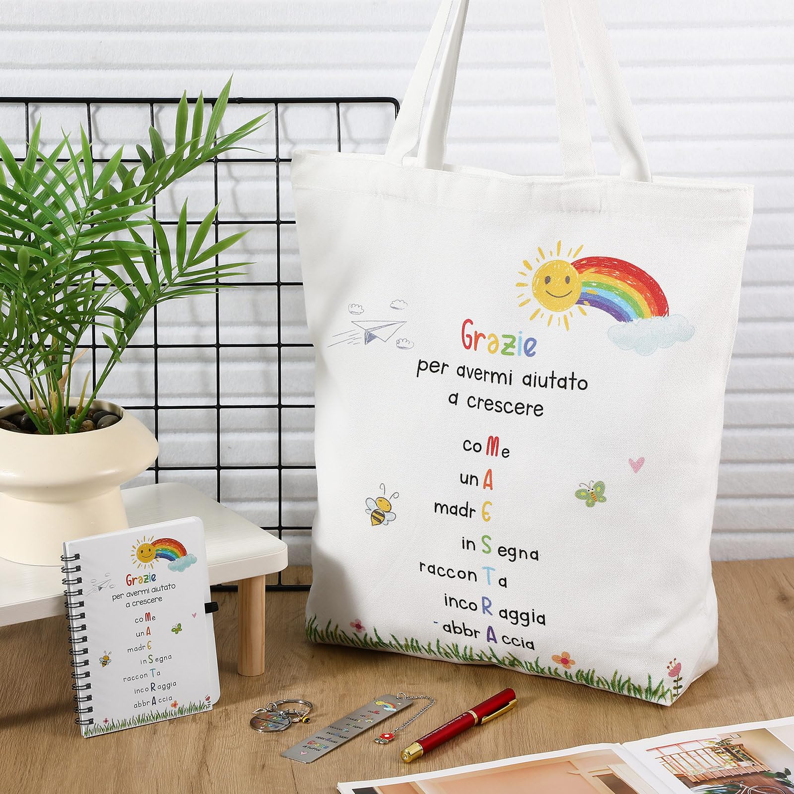 Hestya 5 Pezzi Regalo di Ringraziamento per Insegnante Include Borsa a Tracolla Blocco Note a Spiralato Portatile Portachiavi Segnalibri Penne a Sfera Regalo Maestre Fine Anno