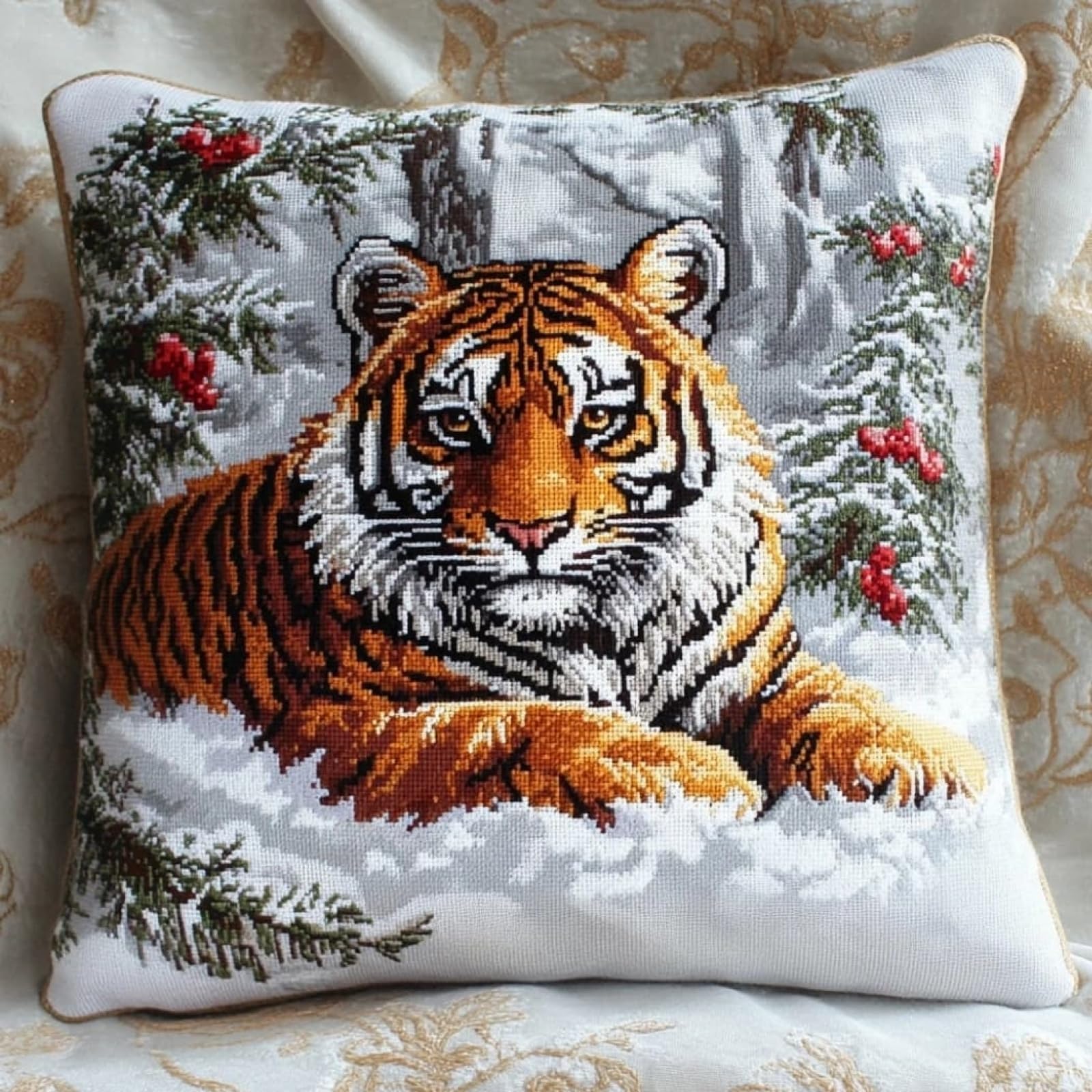 WallustrioaW DIY Printed Cross Stitch Pillow Kits,Tiger in the Snow Embroidery Kit for Adults 11CT Cross Stitch Printed Canvas Needlework Decoration 18x18in