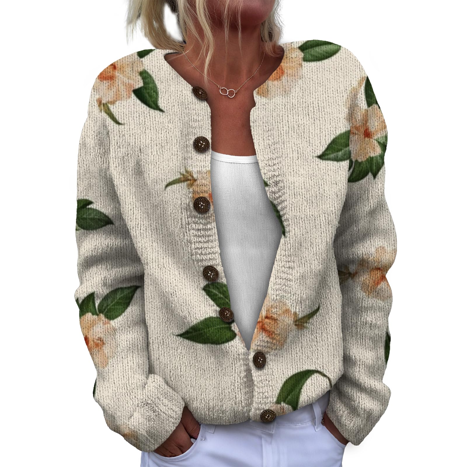 Trendy Womens Sweaters Floral Graphic Print Casual Crewneck Long Sleeve Cardigan Button Down Cardigans 2025