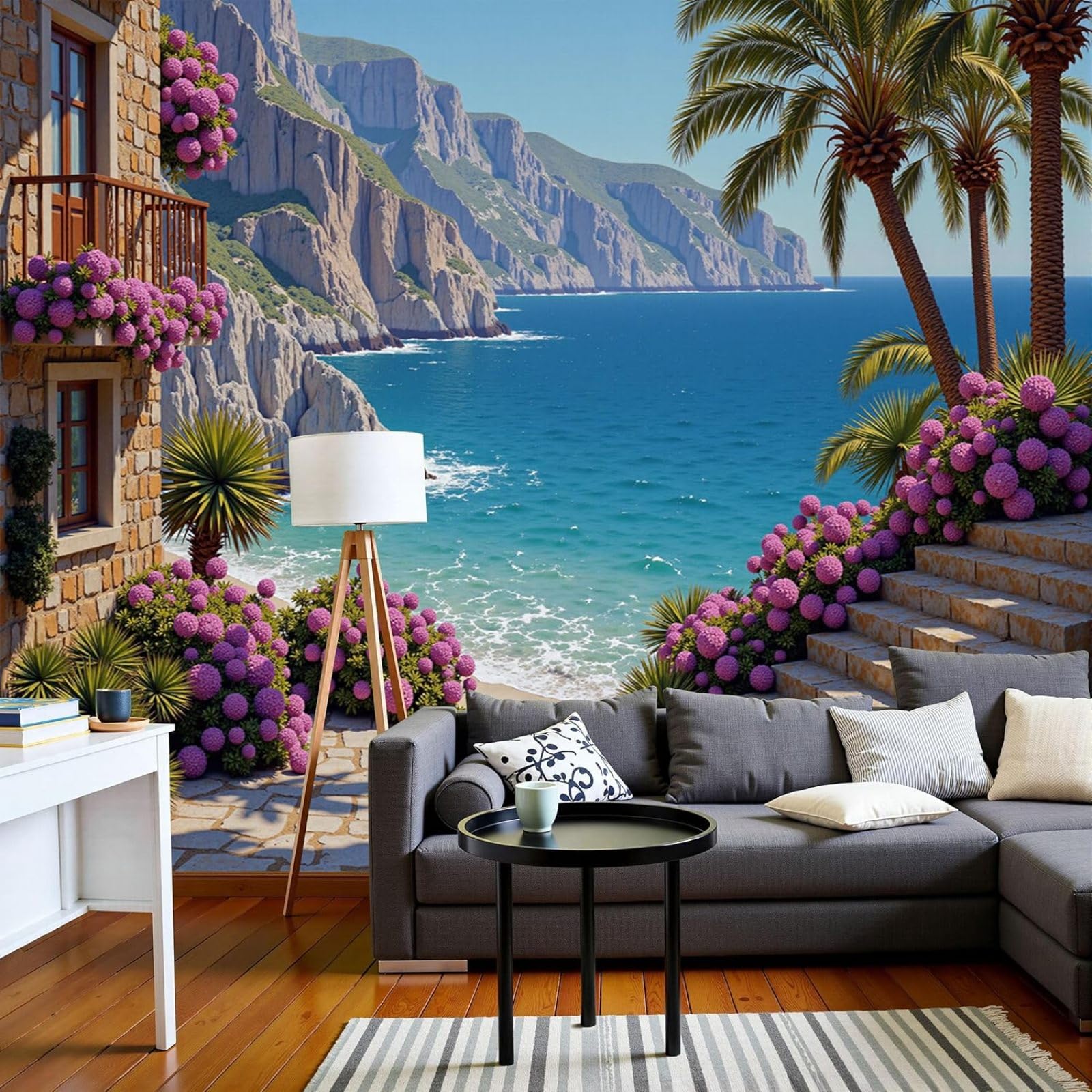 Photo wallpaper, nature, floral landscape, non-woven, Mediterranean coast, XXL modern wall mural, blue wall decor decoration for living room/bedroom, 400cm x 280cm stickers - frameless painting - post