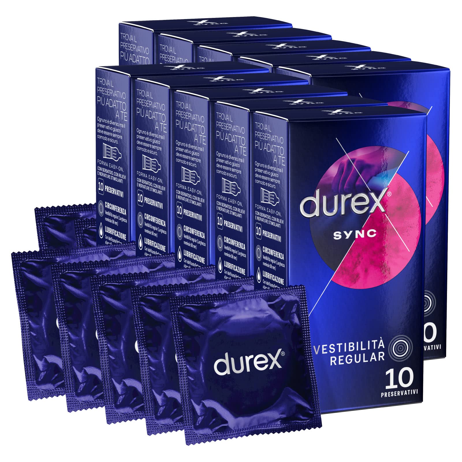 Durex Sync Preservativi Uomo Lattice Gomma Naturale Extra Lubrificati Forma Easy-On con Serbatoio e Rilievi Stimolanti Vestibilità Regular Spesso - 10 Confezioni da 10 Profilattici