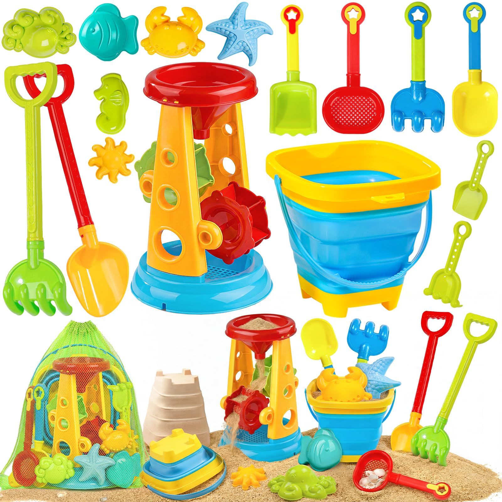 Photo 1 of Collapsible Beach Sand Toys for Kids Toddlers, Collapsible Sand Bucket with Water Wheel Sifter Shovels Set with Mesh Bag and Sand Molds, Travel Beach Sandbox Toys for Boys Girls 3 4 5 6 7 8 9 10+