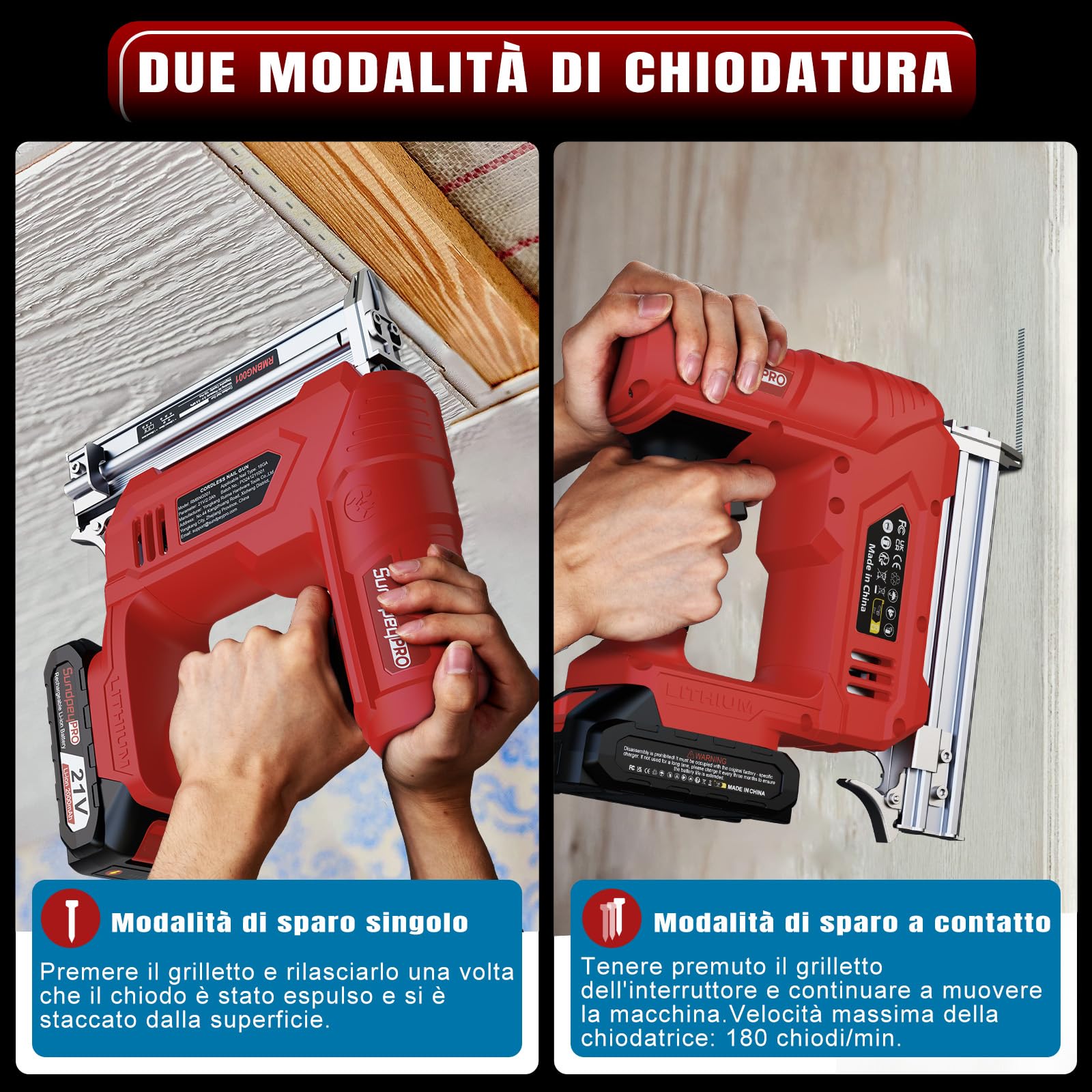Sparachiodi a Batteria 21V - 2-in-1 Chiodatrice a Batteria con 2 x 2.0Ah Batterie, 180 Chiodi/Min, Graffettatrice con 600 Chiodi 18GA e 2.000 Chiodi a U per Tappezzeria, Falegnameria