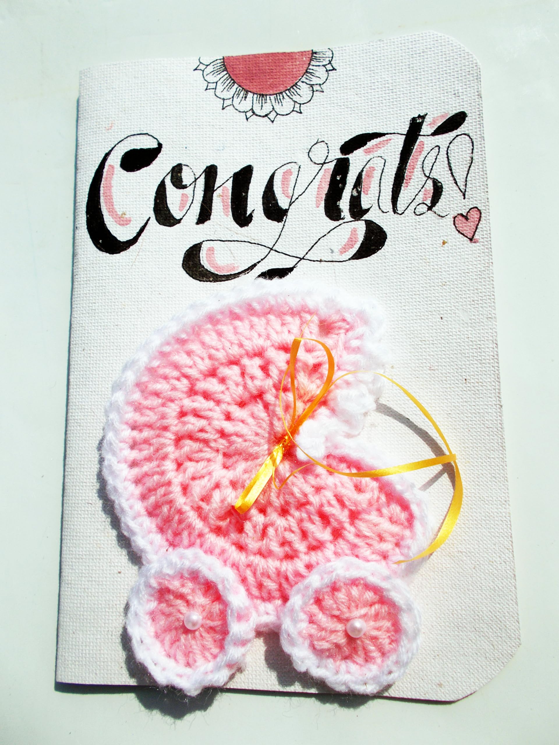 SKAISTA Congrats Greeting Card For New Born Parent Boy Girl Baby Shower Handlettered with Handknitted Stroller Pram Crocheted Concept Handmade Note With Envelope Congratulations (Pink) 1