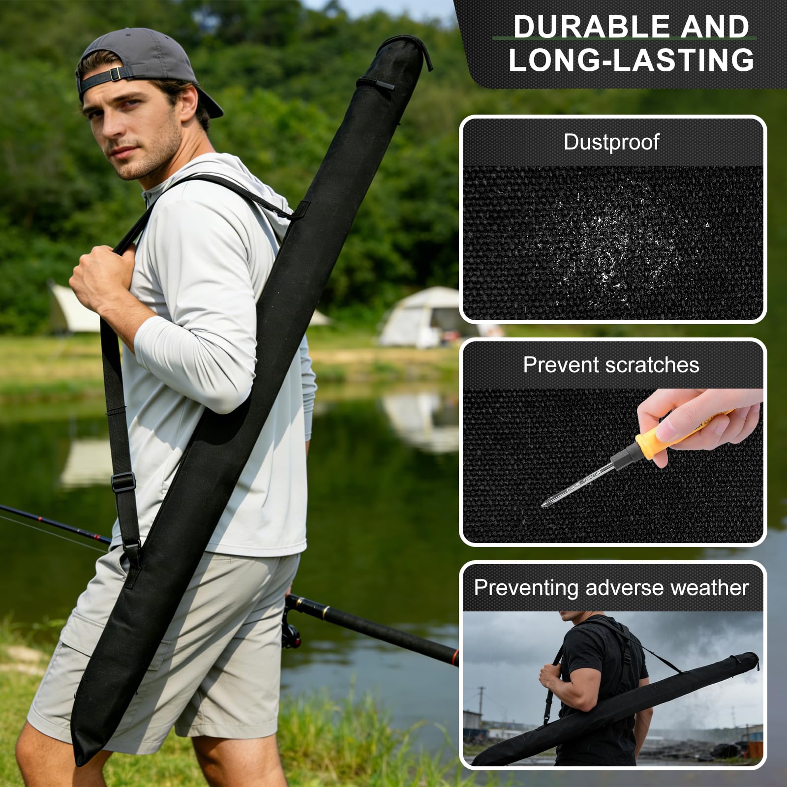 Soporte Cañas de Pescar, Mochila Pesca de Tela 130x13cm, Carretes de Pesca Porta Cañas para 2-3 Cañas, Pesca Accesorios con Correa Ajustable, Carpfishing Funda Transporte, Negro