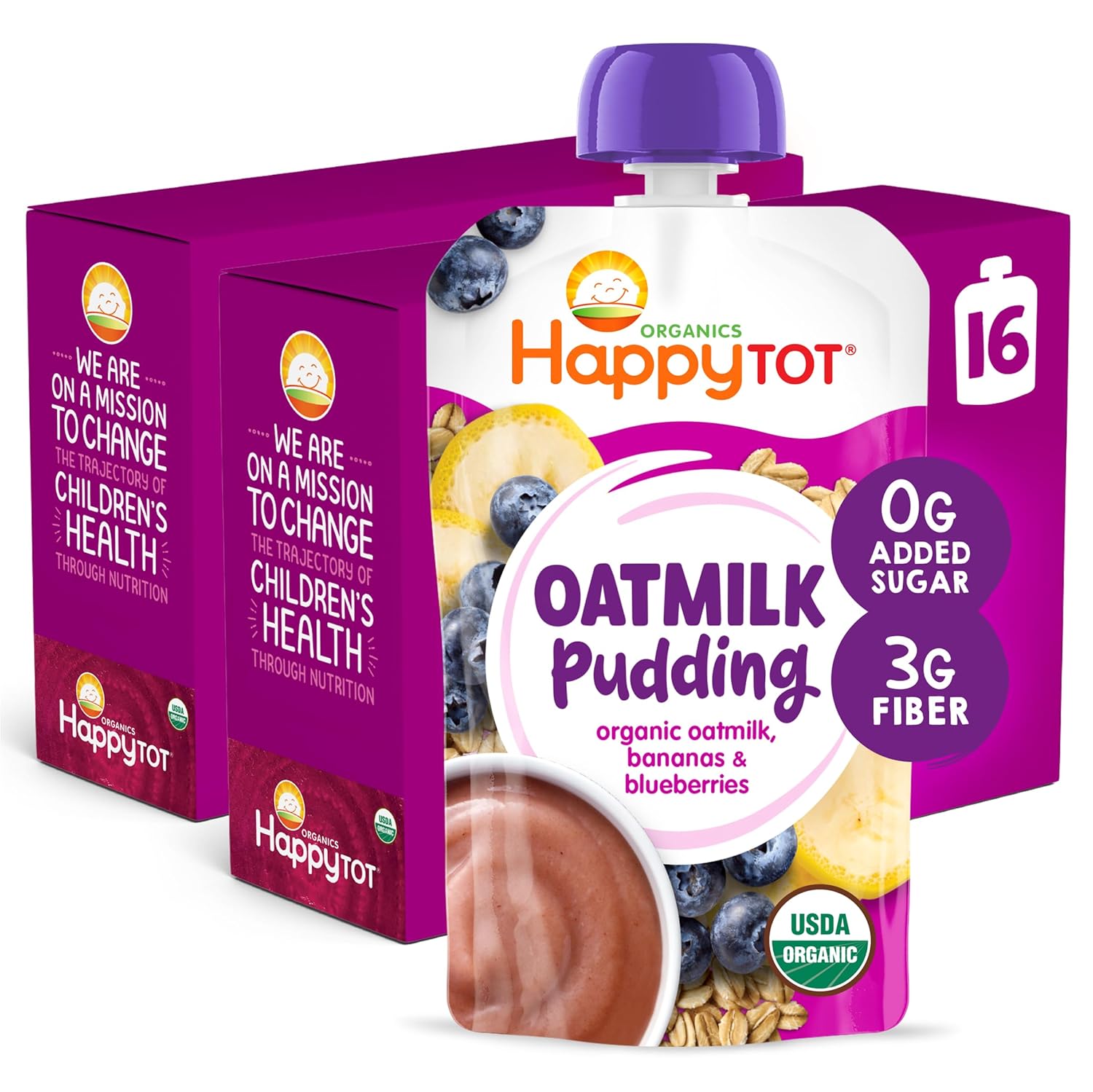 HAPPYTOT Organics Oatmilk Pudding, Dairy-Free, Stage 4 Toddler Snack, Oatmilk, Bananas & Blueberries, 4 Ounce Pouch, Pack of 16