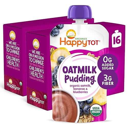 HAPPYTOT Organics Pudín de leche de avena, sin lácteos, aperitivo para niños pequeños etapa 4, leche de avena, plátanos y arándanos, bolsa de 4