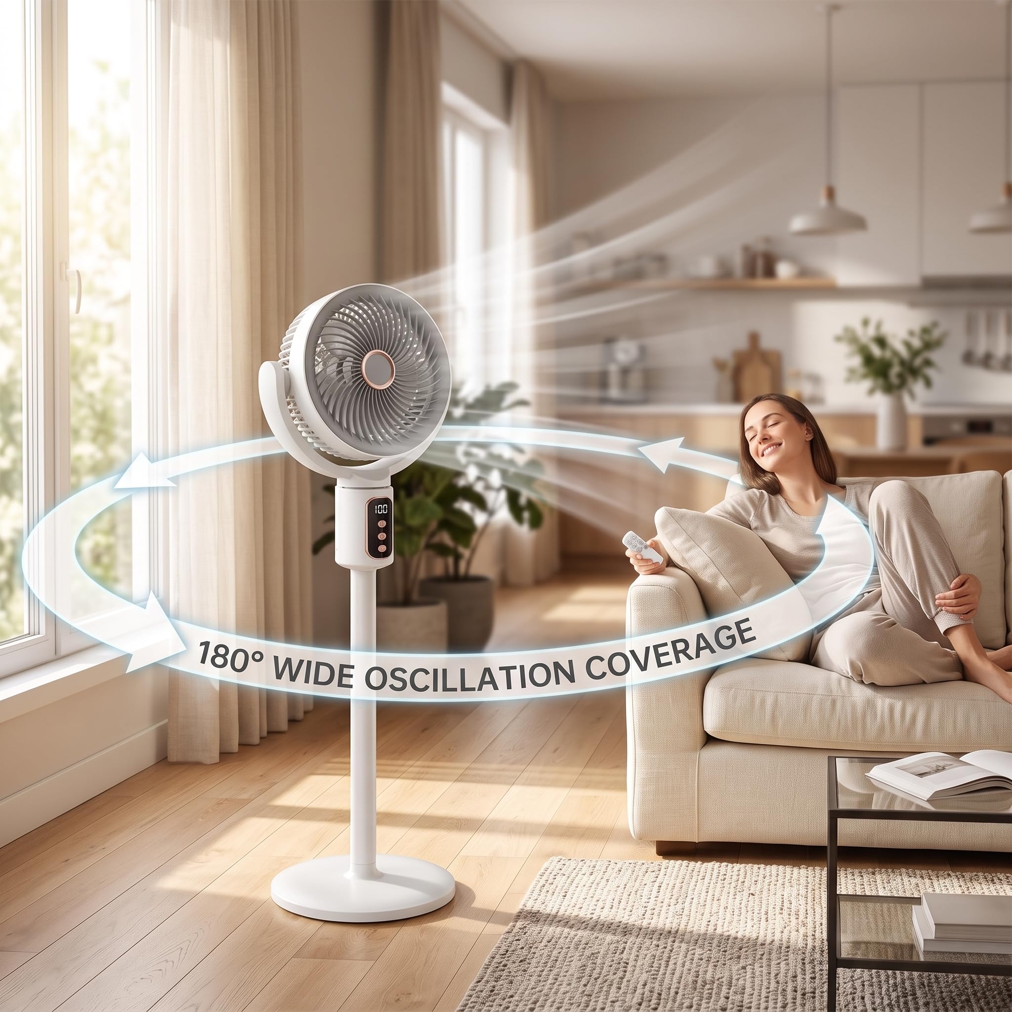 Ventilador de suelo de circulación de aire, 3 tamaños, ventilador silencioso recargable por USB, oscilación de 180 grados, motor silencioso sin escobillas, control remoto para oficina en casa (modelo