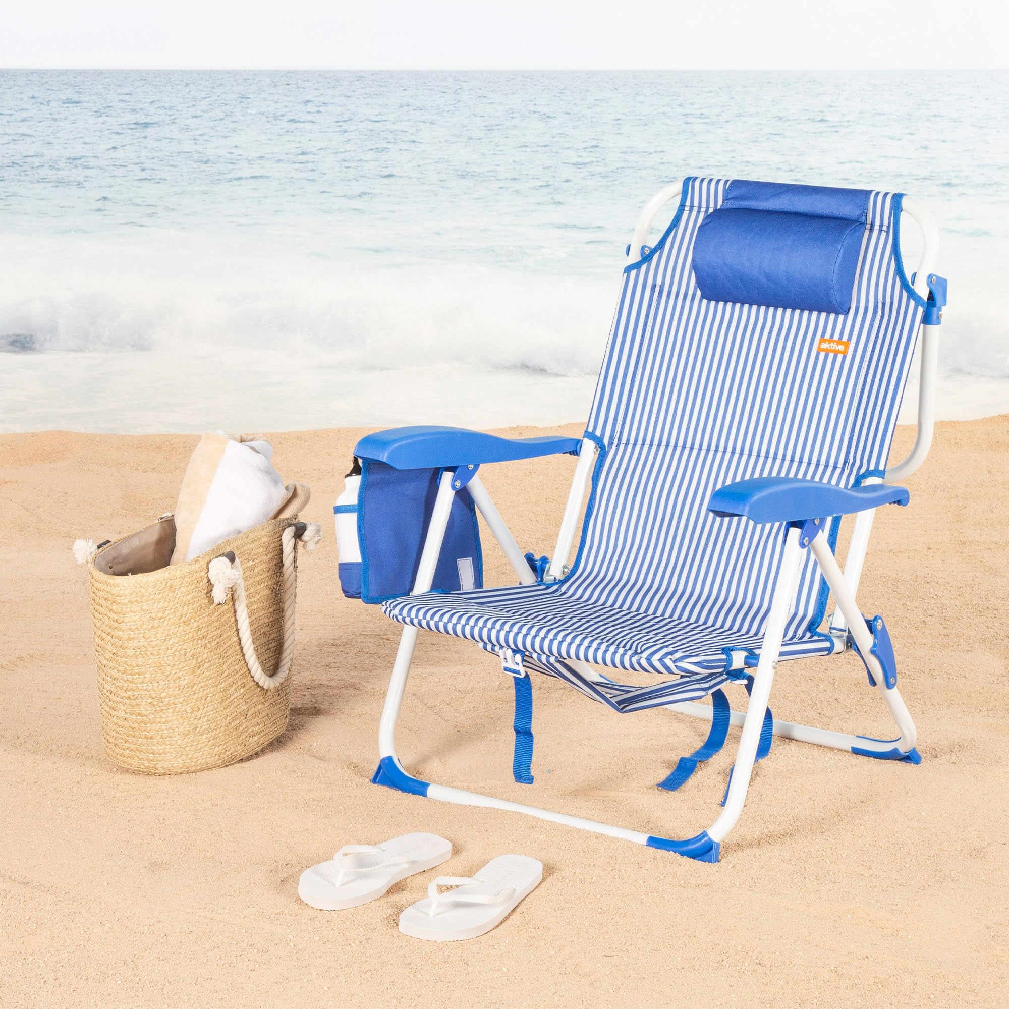 AKTIVE Silla de Playa Plegable, Azul Rayas, 48x58x76 cm, 4 Posiciones, Antivuelco, Aluminio y poliéster, Peso soportado 110 kg, Bolsillo Lateral y Trasero, Cojín, Transporte Mochila (62531)