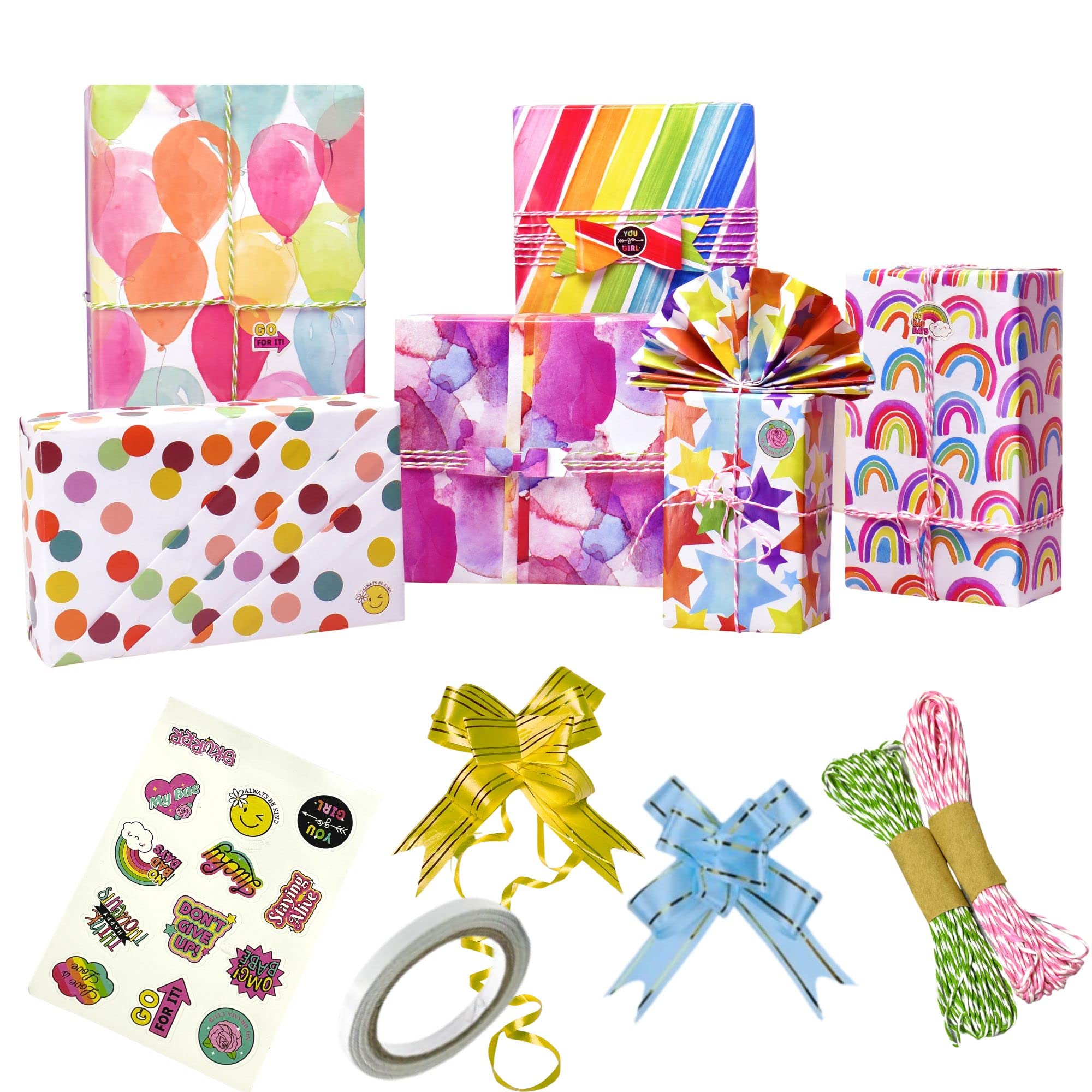 SEVENDOT7 Gift Wrapping Paper Set, 6 Sheets, 19.7 x 27.6-inch each, Decorative twine and invisible tape Birthday, weddings, gift wraps for all occasions. (Multicolor)