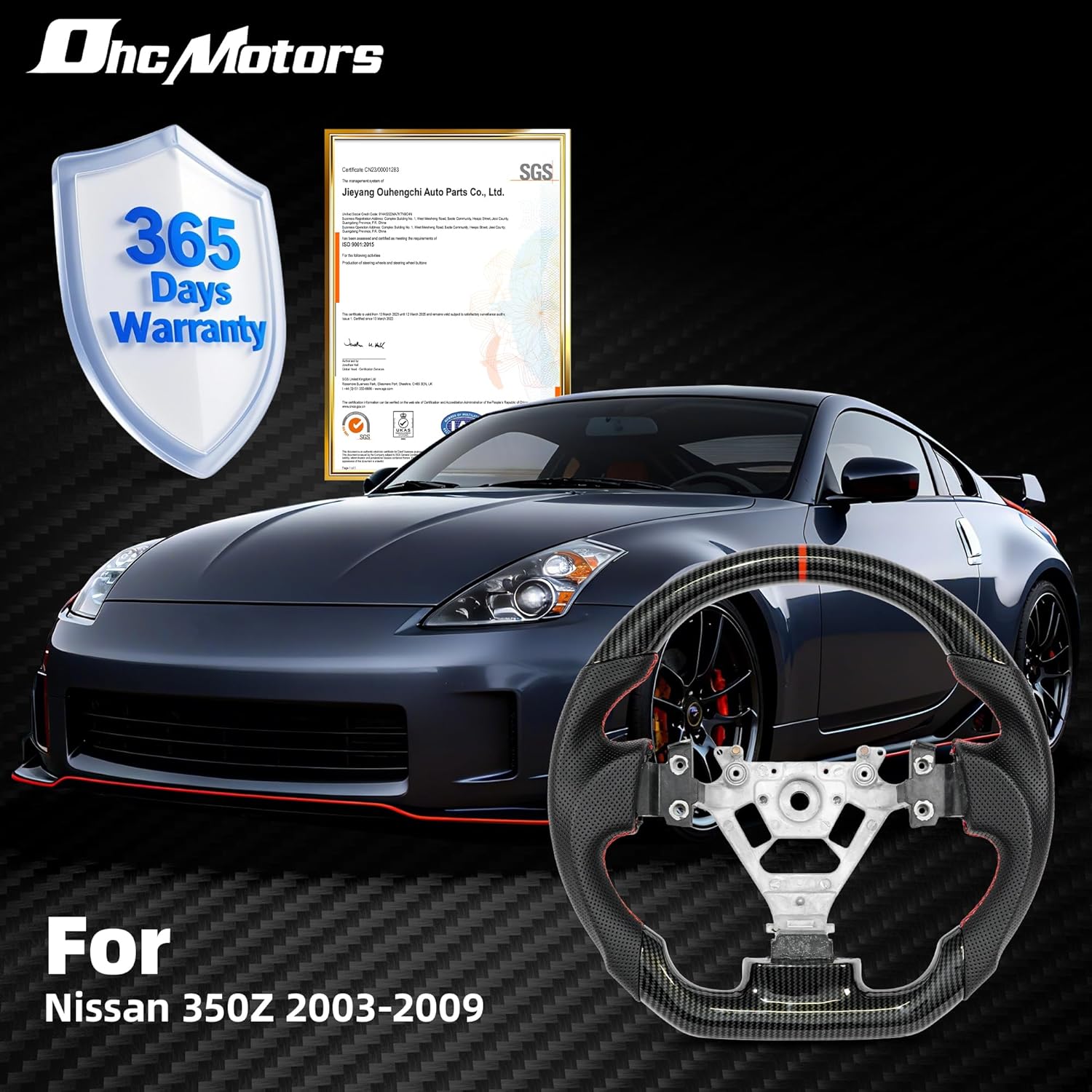 Hydro-Dip Carbon Fiber Steering Wheel for Nissan 350Z 2003-2009,Nappa Perforated Anti-Slip Perforated Leather Grip (Red Positioning Line)