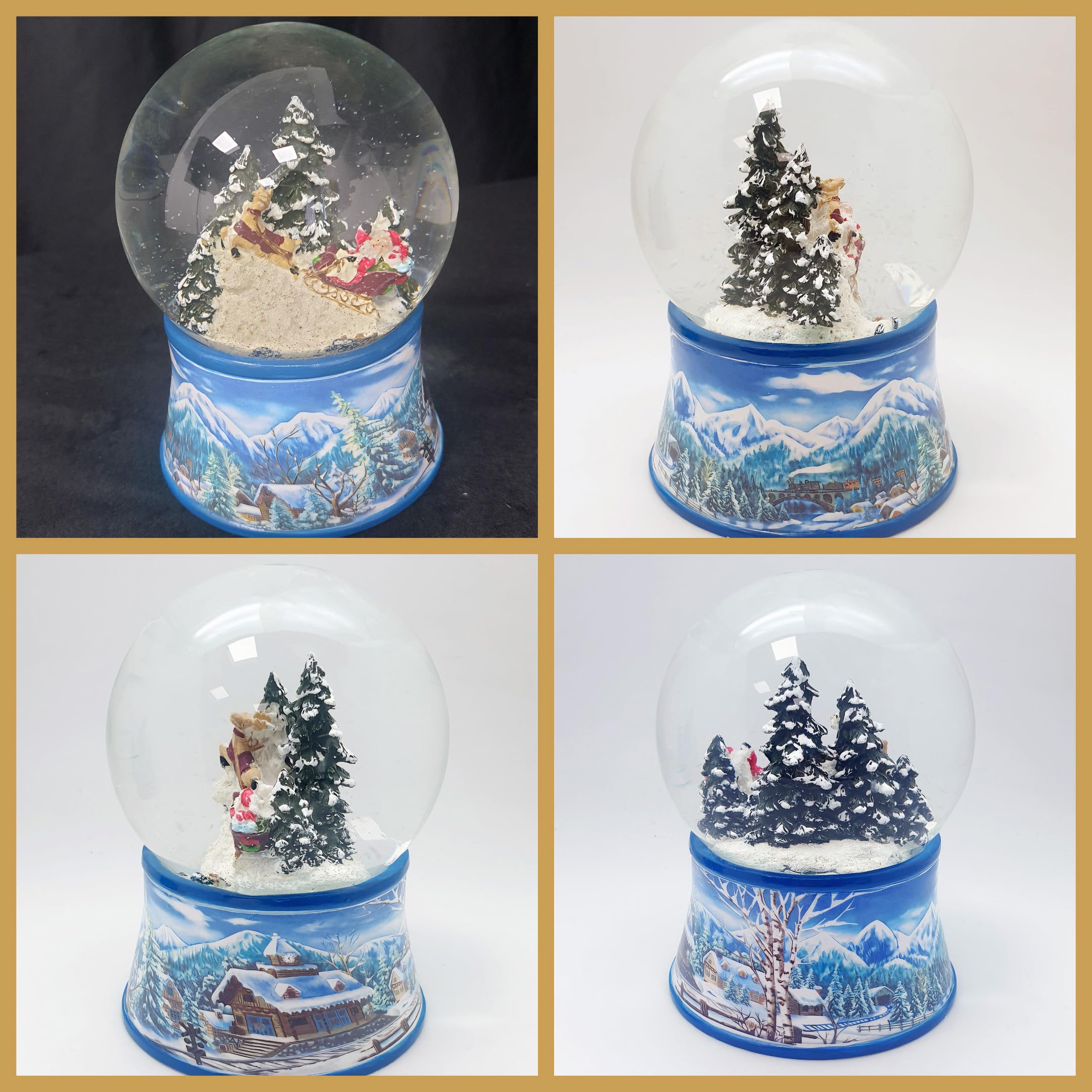 Schneekugel Weihnachten Spieluhr | Weihnachtsmann im Schlitten | Sockel Winterlandschaft hellblau | mit Musik | H:14 cm B: 10 cm | Schüttelkugel | 20103