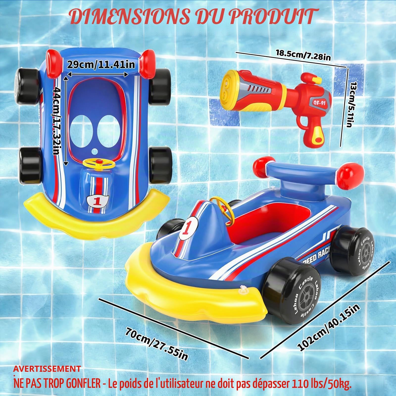 Lehoo Castle Bouée Gonflable avec Pistolet à Eau et Volant Sonore, Aide à la Natation Go-Kart pour Enfants de 3 à 6 Ans, Siège de Piscine Sécurisé pour Les Jeux Aquatiques Estivaux