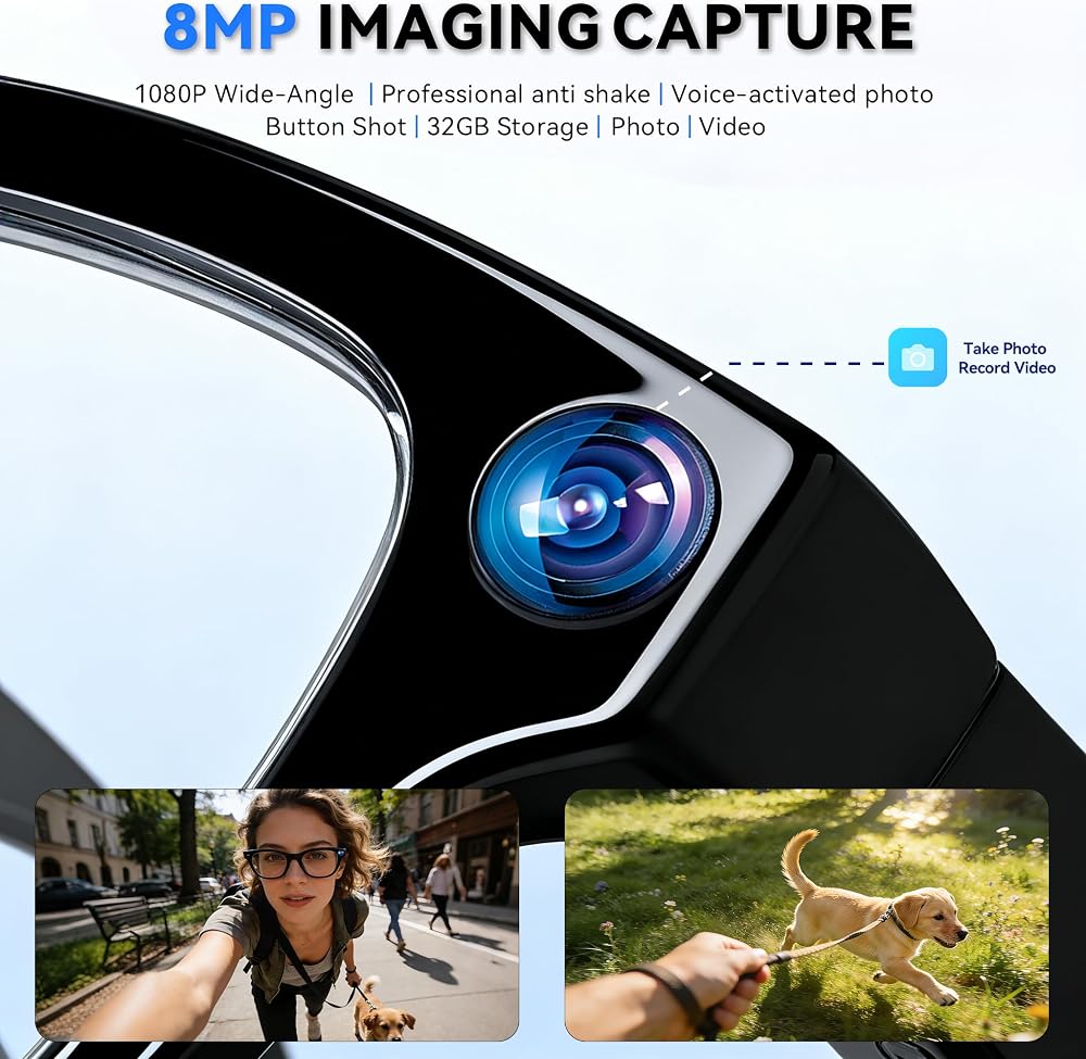AI Smart Glasses with Camera, 8MP HD Camera Glasses for Men,Women, AI Recording Glasses with Voice Assistant,Open-Ear Audio,Real-Time Translation,Video Recording Sunglasses for Life & Work (Black)