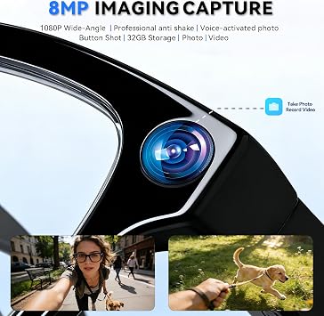 AI Smart Glasses with Camera, 8MP HD Camera Glasses for Men,Women, AI Recording Glasses with Voice Assistant,Open-Ear Audio,Real-Time Translation,Video Recording Sunglasses for Life & Work (Black)