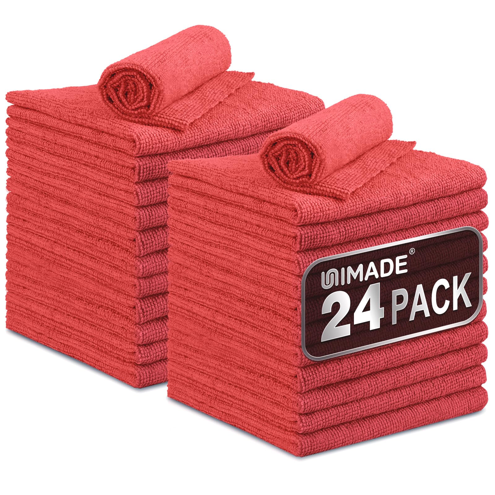 Microfiber Cleaning Cloth, 24 Pack Reusable Microfiber Towels for Cars Lint Free Cleaning Shop Towel Rags for Home Kitchen Automotive Bar Mechanic Restaurant Garage, 11"x 12", Red