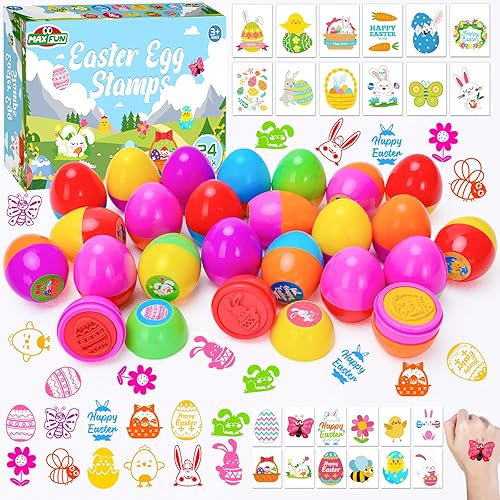 Max Fun 24 sellos de huevos de Pascua precargados con 24 calcomanías de tatuajes de Pascua para niños, juego de caza de huevos de Pascua, rellenos
