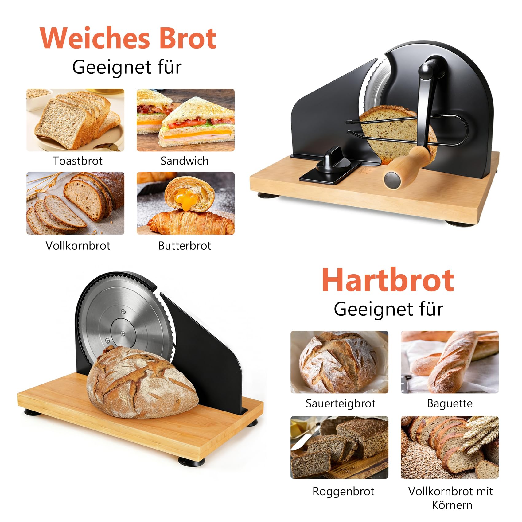 Manuelle Brotschneidemaschine mit Handkurbel | Scheibendicke stufenlos wählbar 1–20 mm | Edelstahlklinge mit Wellenschliff | Rutschfeste Saugnäpfe | Für Sauerteig, Roggen, Toast & Baguette