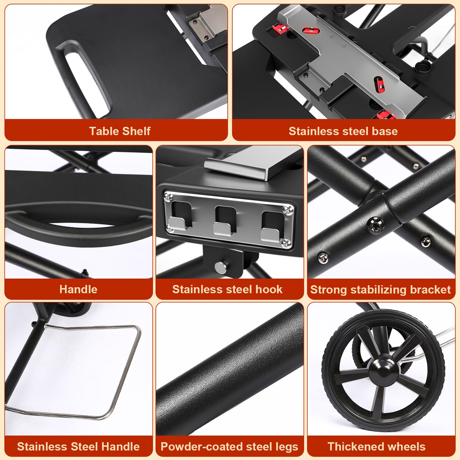 Carro de barbacoa portátil con rueda para Weber Q1200, Q1000, Q2200, Q2000 Serie y Blackstone 43/56 cm, plancha de mesa, soporte plegable