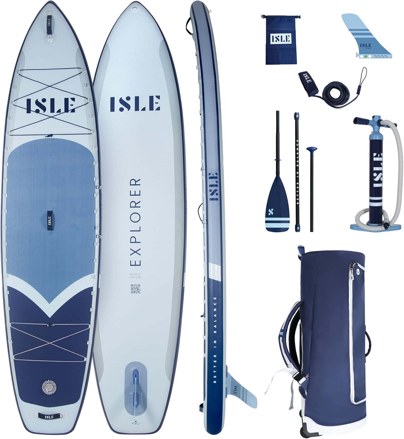 ISLE Explorer 3.0 Inflatable Stand Up Paddle Board & iSUP Bundle Accessory Pack, Adventure & Touring Board, Durable, Lightweight with Stable Wide Stance, 300 Pound Capacity, 11.6"x 6" Ice/Slate/Navy - Image 1 of 9