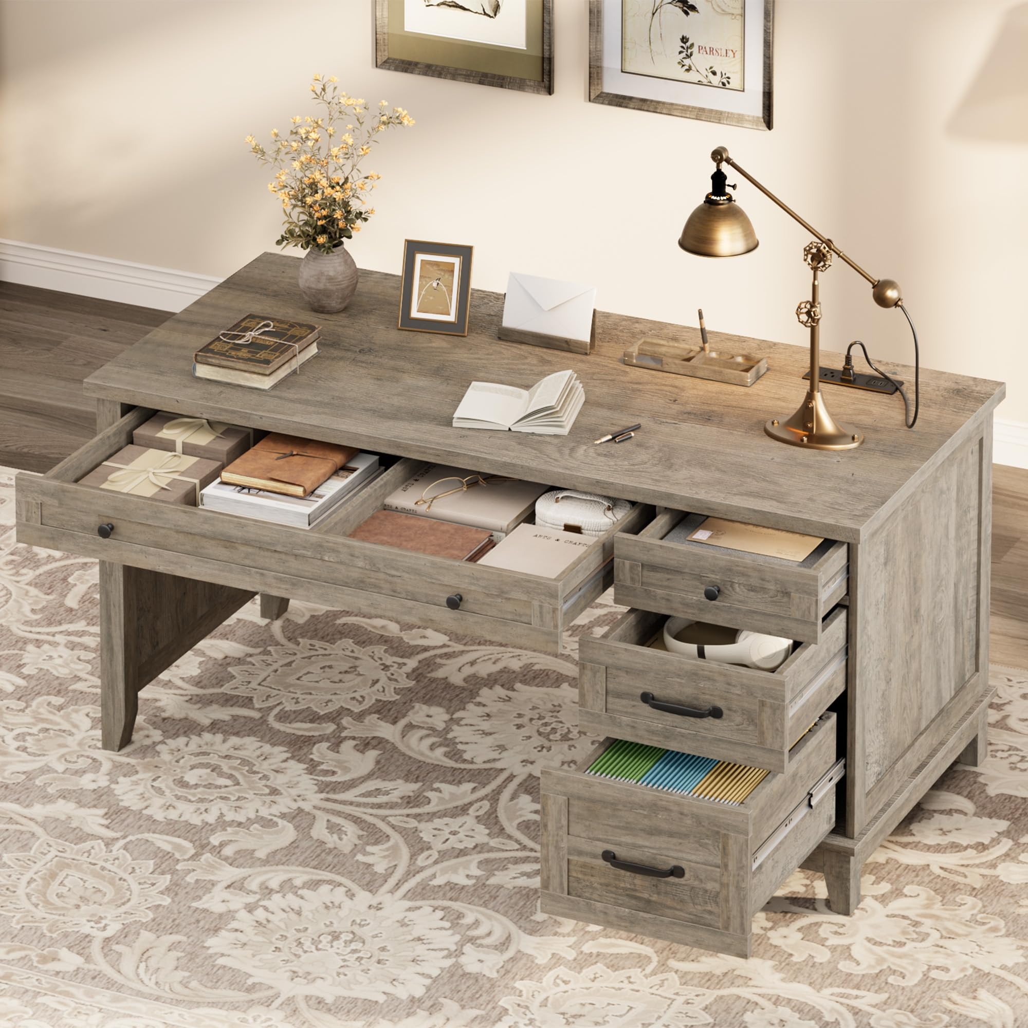 GarveeHome Farmhouse Executive Desk with Drawers, 53.54 in Home Office Desk with Charging Station, Wooden Computer Desk with File Cabinet Storage for