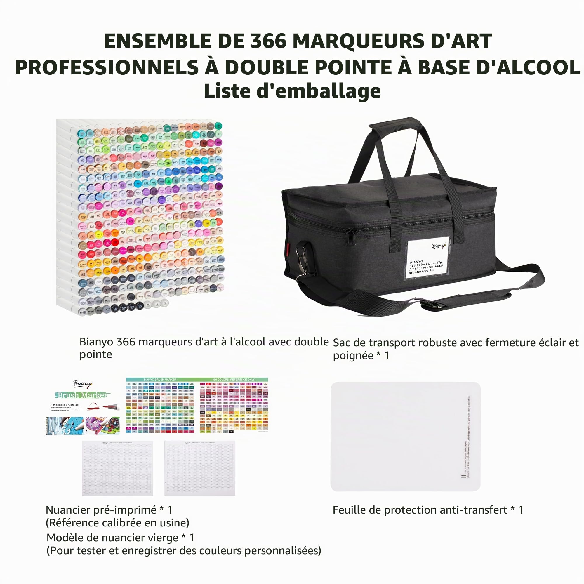 Bianyo Lot de 366 marqueurs à alcool professionnels à double pointe, pinceau et pointes fines pour coloriage, illustration, portraits, bandes dessinées, architecture tendance, comprend un sac de