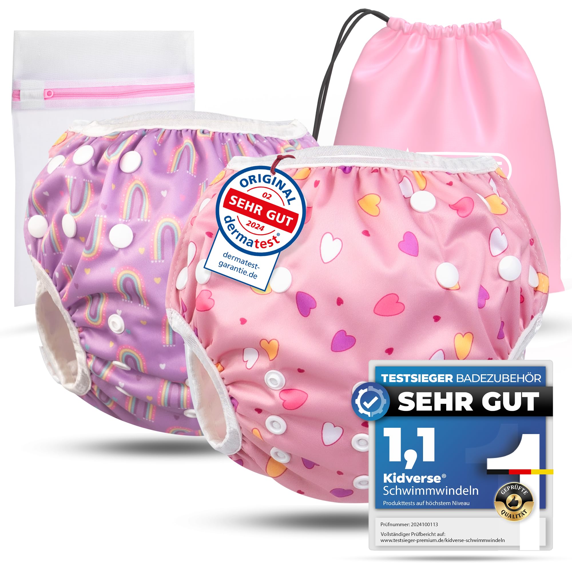 KIDVERSE 2er Set Schwimmwindel Baby 0-3 Jahre - Hautfreundliche Schwimmwindeln wiederverwendbar & saugstark - Baby Schwimmwindel mit Tasche & Wäschenetz (Rosa Hearts Rainbow 2er)