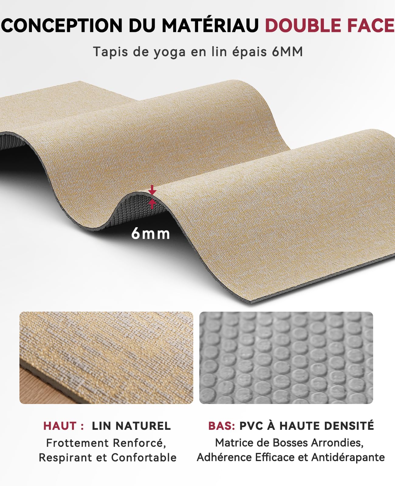 HAPBEAR Tapis de Yoga Lin en 213x76x0,6cm | Lin Naturel Durable de 6mm d’Épaisseur,Antidérapant et Résistant à la Déchirure - Pour Yoga à Domicile,Méditation et Pilates