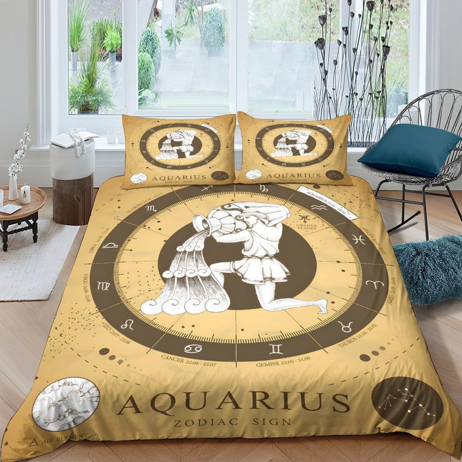 GPLZQXKJNH 3D Printed Aquarius Zodiac Duvet Cover Set Microfiber Soft Breathable Horoscope Bedding with 2 Pillowcases for Bedroom Decor Single（135x200cm）
