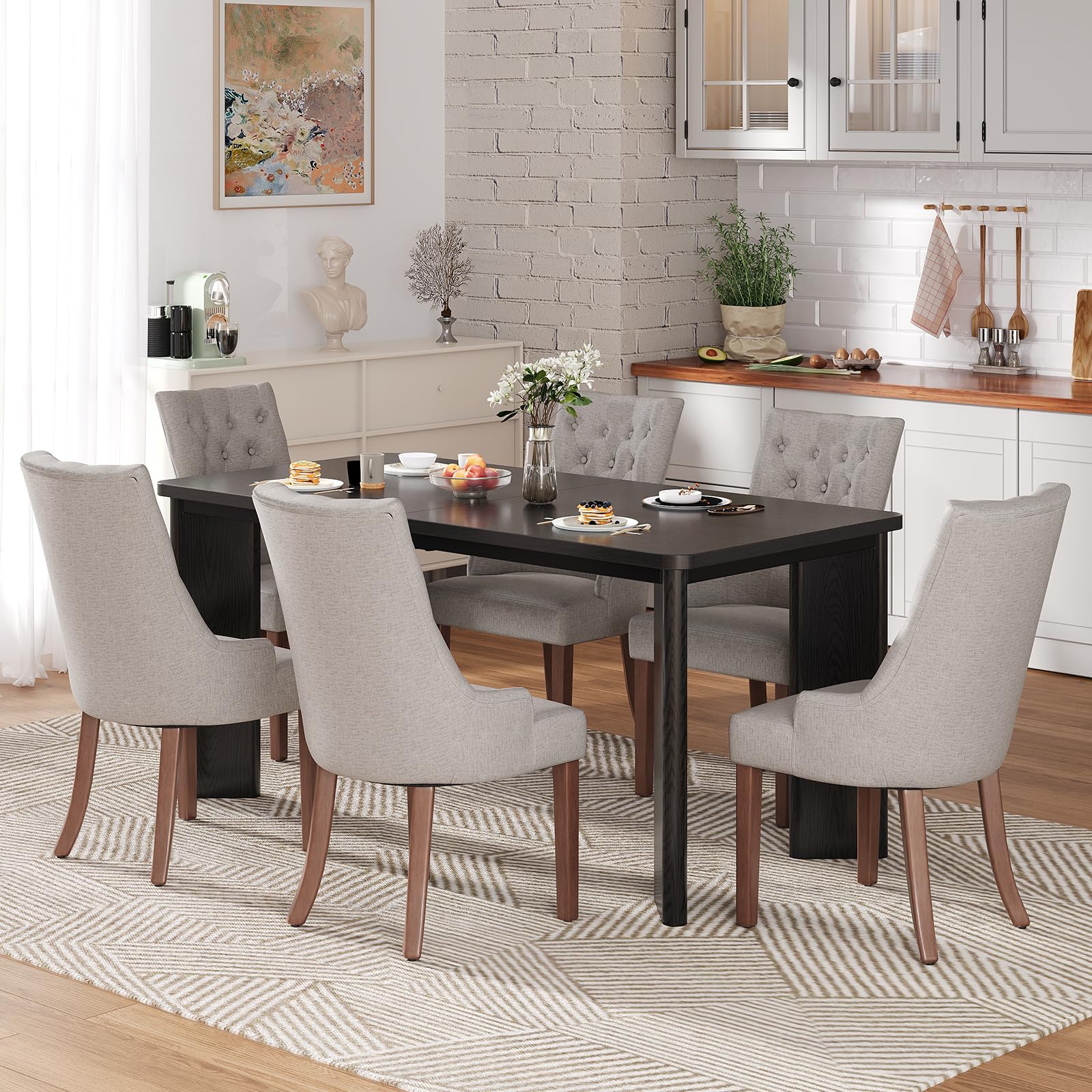 MALOL 7-Piece Rectangular Dining Table Set for 6, 63" Industrial Kitchen Table with 6 Tufted Parsons Dinner Chairs for Dining Room, Kitchen, Living Room, Black+Light Grey