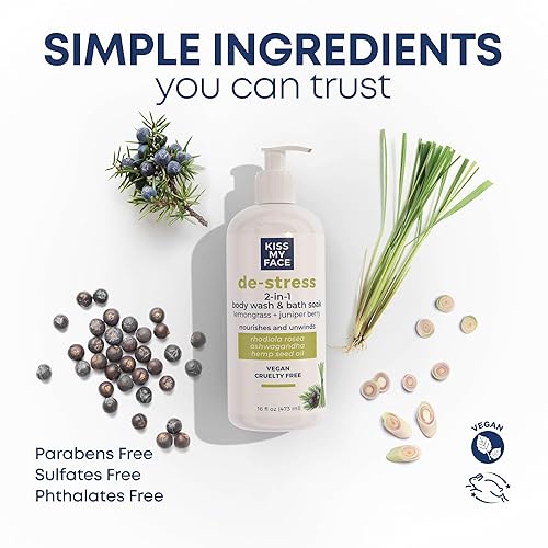 Vista 2 de Kiss My Face De-Stress - Jabón corporal y baño 2 en 1, hierba de limón + bayas de enebro, mezcla botánica, vegano y libre de crueldad, con Rhodiola