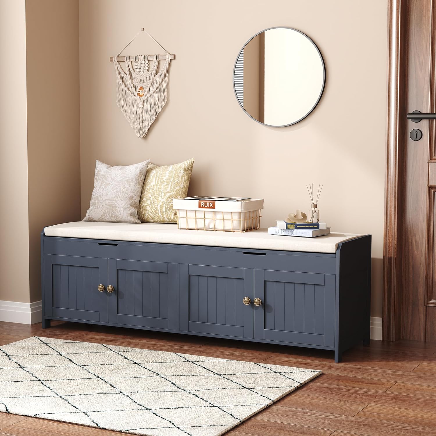 HOMEFORT 54.4" Shoe Bench with Lift Top Storage, Entryway Bench with Cushioned Seat, Wooden End of Bed Bench, Shoe Cabinet Bench with Hidden Storage Space, for Bedroom, Hallway,Blue
