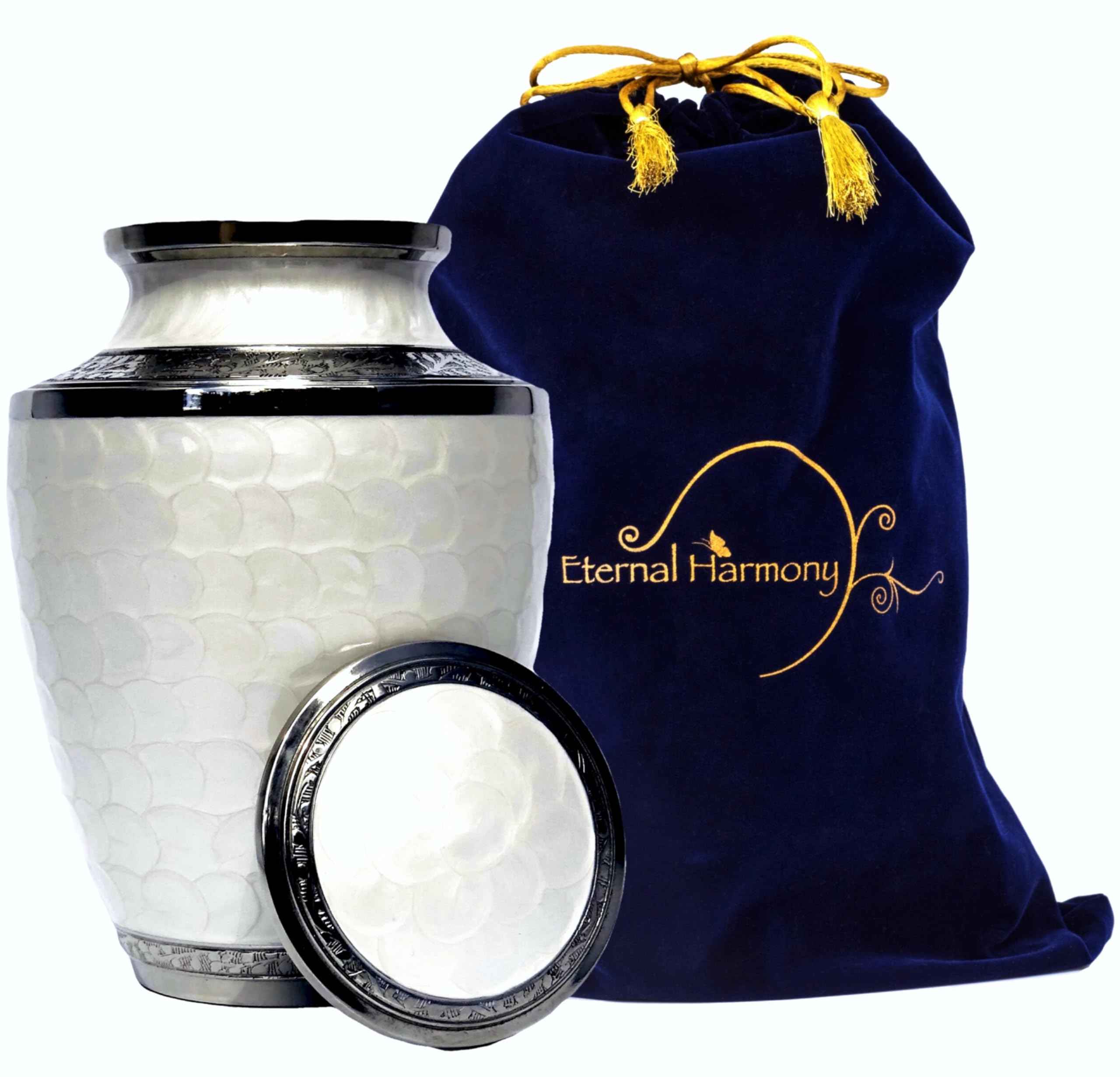 Eternal Harmony Large Urn for Ashes, Adult Male & Female Cremation Urn for Human Ashes with Elegant Finishes, Secure Seal & Velvet Bag, Funeral Vase for Men & Women Up to 200 lbs (White Pearl)