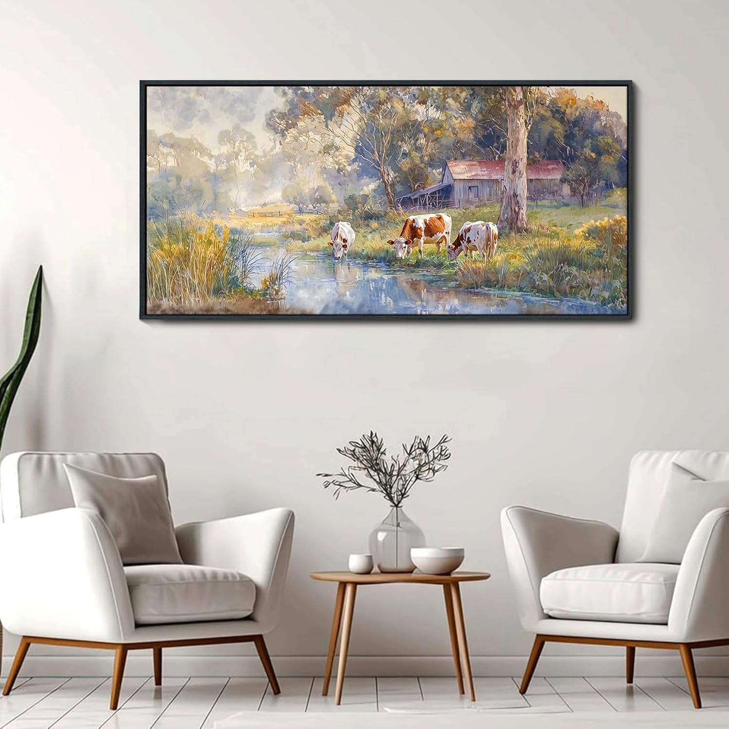 JEAWA Large Framed Canvas Painting - 24x48 IN Watercolor Landscape Wall Decor, Country Picture with Wooden House and Green Trees, Cow Art Prints for Bedroom Living Room Home Decoration