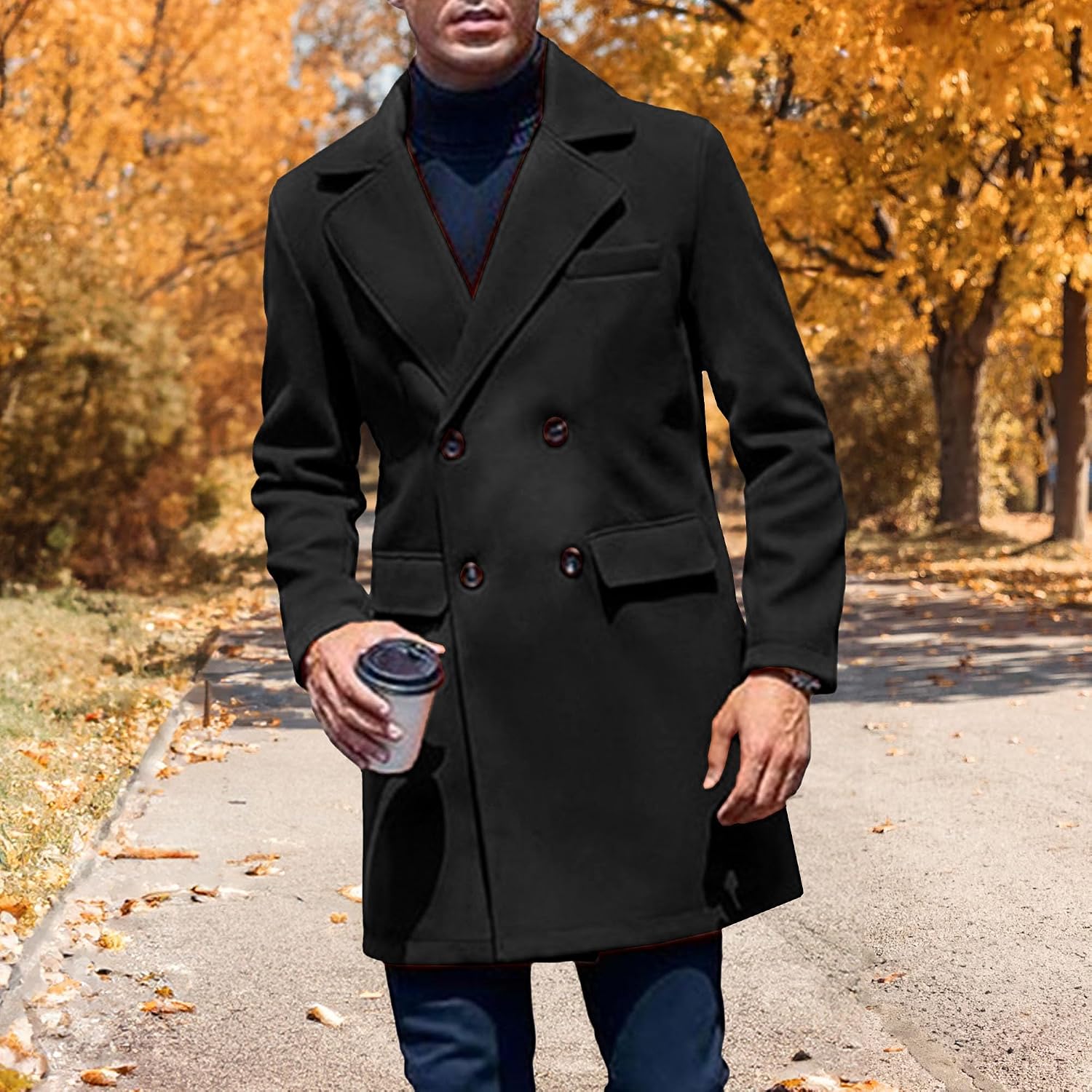 Maiyifu-GJ Men's Windproof Trench Coat Winter Slim Fit Wool Blend Overcoat Long Jacket Double Breasted Notched Lapel Coat