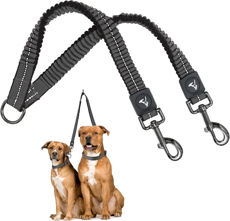 Guia Dupla para Cães com Bungee, Giro 360° e Detalhes Refletivos KRUZ PET, 45–86 cm, Cinza, Médio