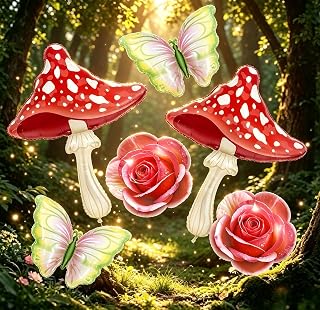 Mushroom Butterfly Rose Foil Balloons, Enchanted Forest Party Decorations, Fairy Garden Birthday, Woodland Baby Shower, Spring Tea Party, Wildflower Backdrop Decor Supplies