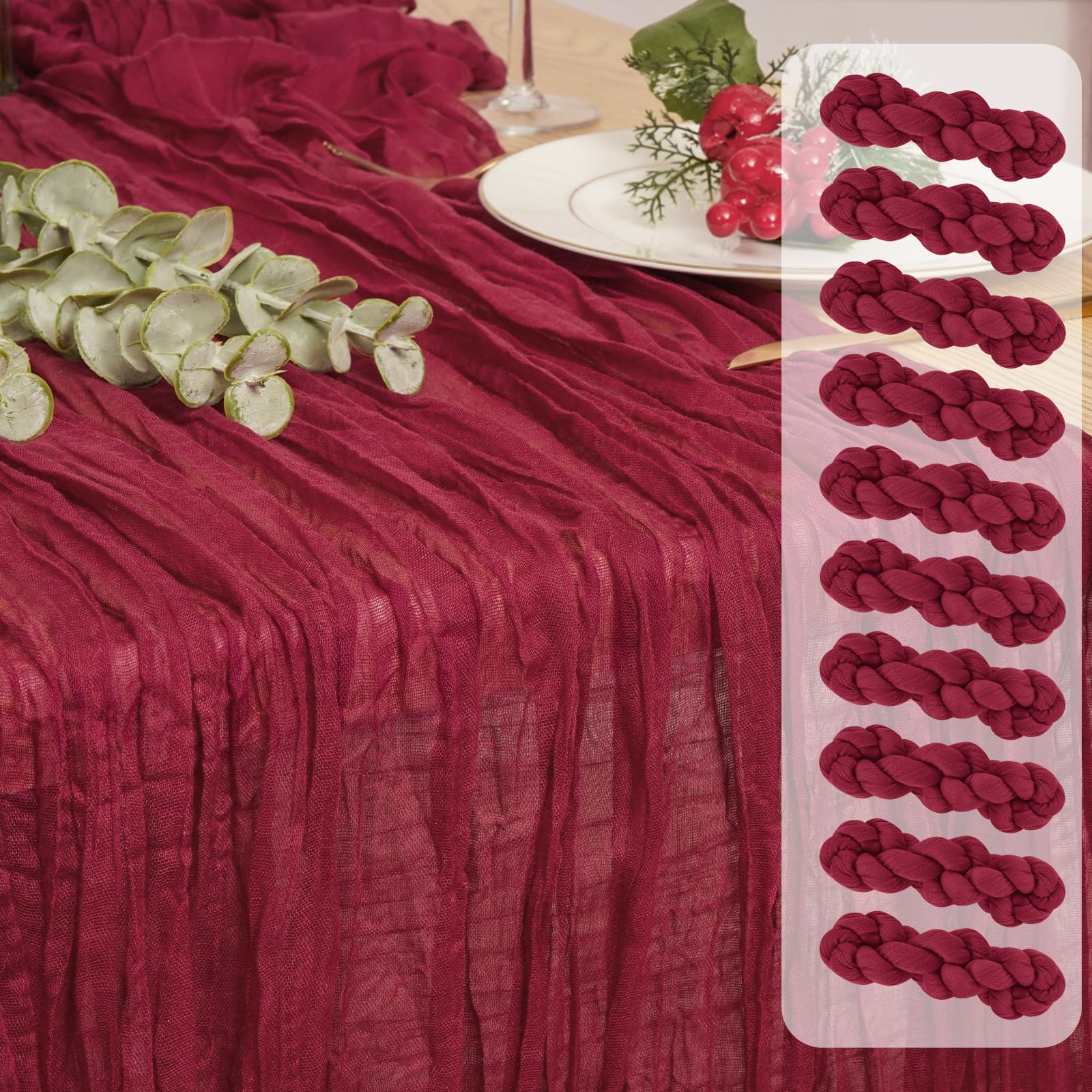 10 Pack Burgundy Table Runner, 55x300cm Cheesecloth Table Runner Rustic Boho Gauze Table Runners Romantic Semi Sheer Fabric Cheese Cloth Table Runner for Wedding Bridal Shower Birthday Party