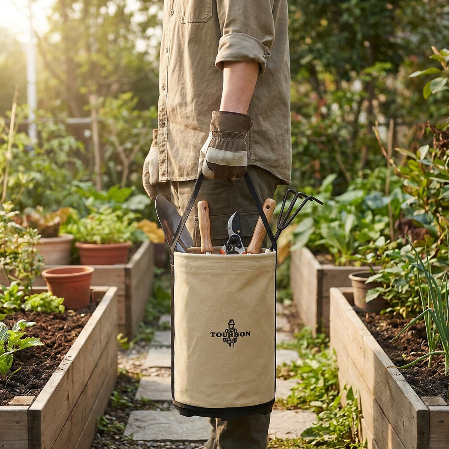 Secchio per attrezzi in tela cerata, con fondo in plastica e fori di scarico, resistente, per giardinieri, falegnami, elettricisti