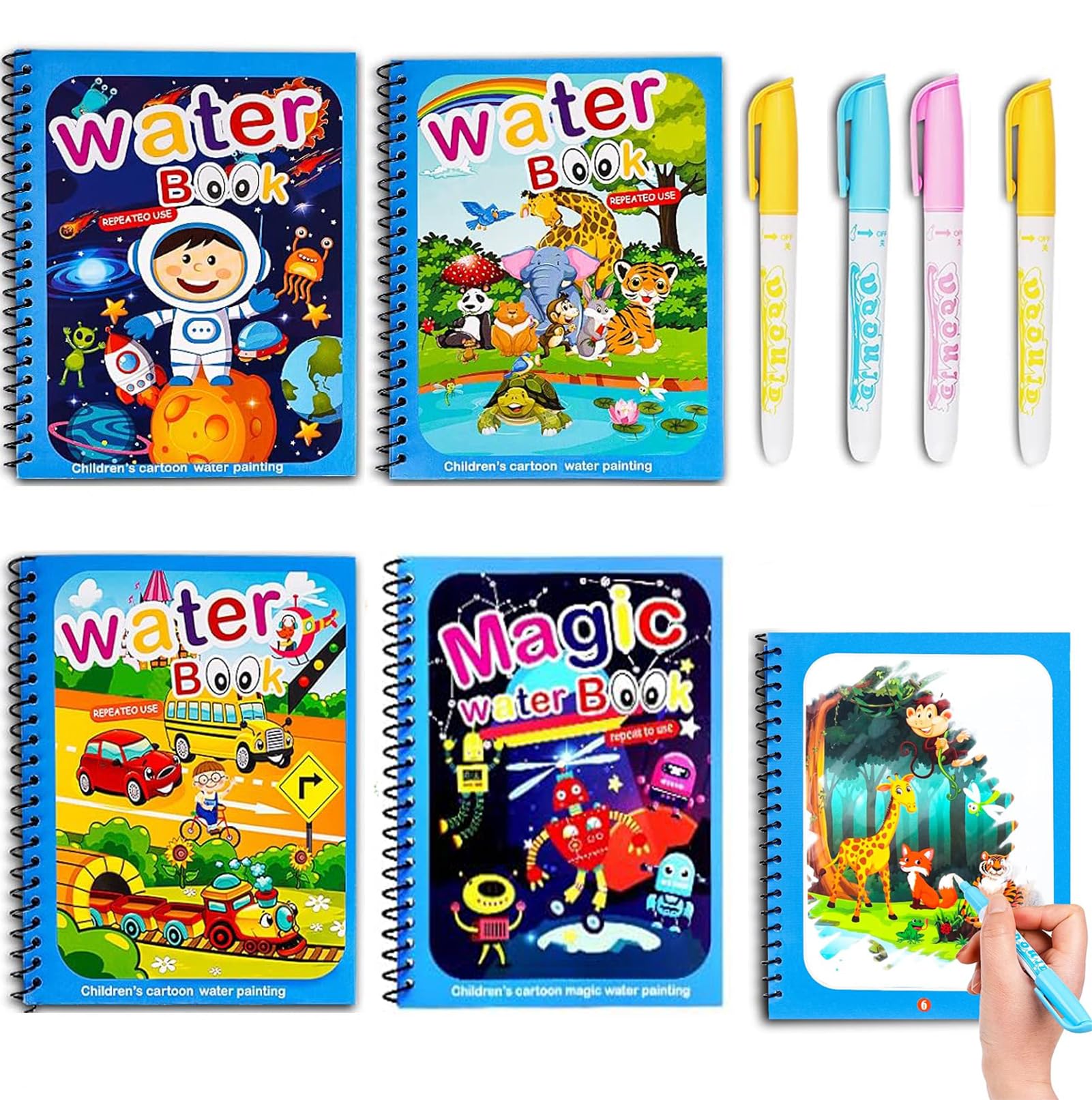 QXNDXQ Water Colouring Book, Pack of 4, Water Drawing Book, Children's Magic Colouring Book, Reusable Magic Colouring Books with 4 Water Pens for Children from 3 Boys Girls (1)