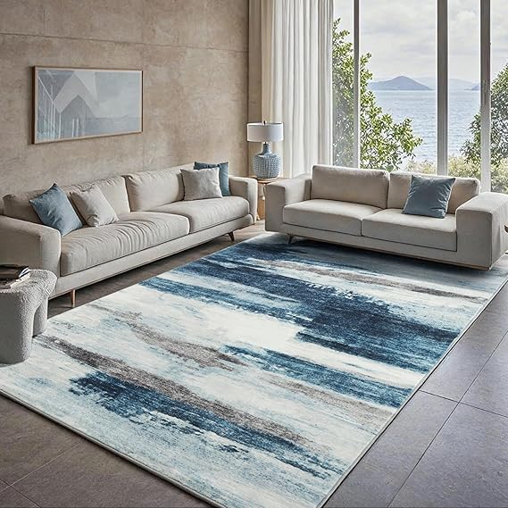 Carvapet 8x10 Blue Abstract Area Rug – Modern Large Washable 8 x 10 Low Pile Carpet with Rubber Backing, Foldable Non Slip Thin Rugs for Living Room, Bedroom, Dorm