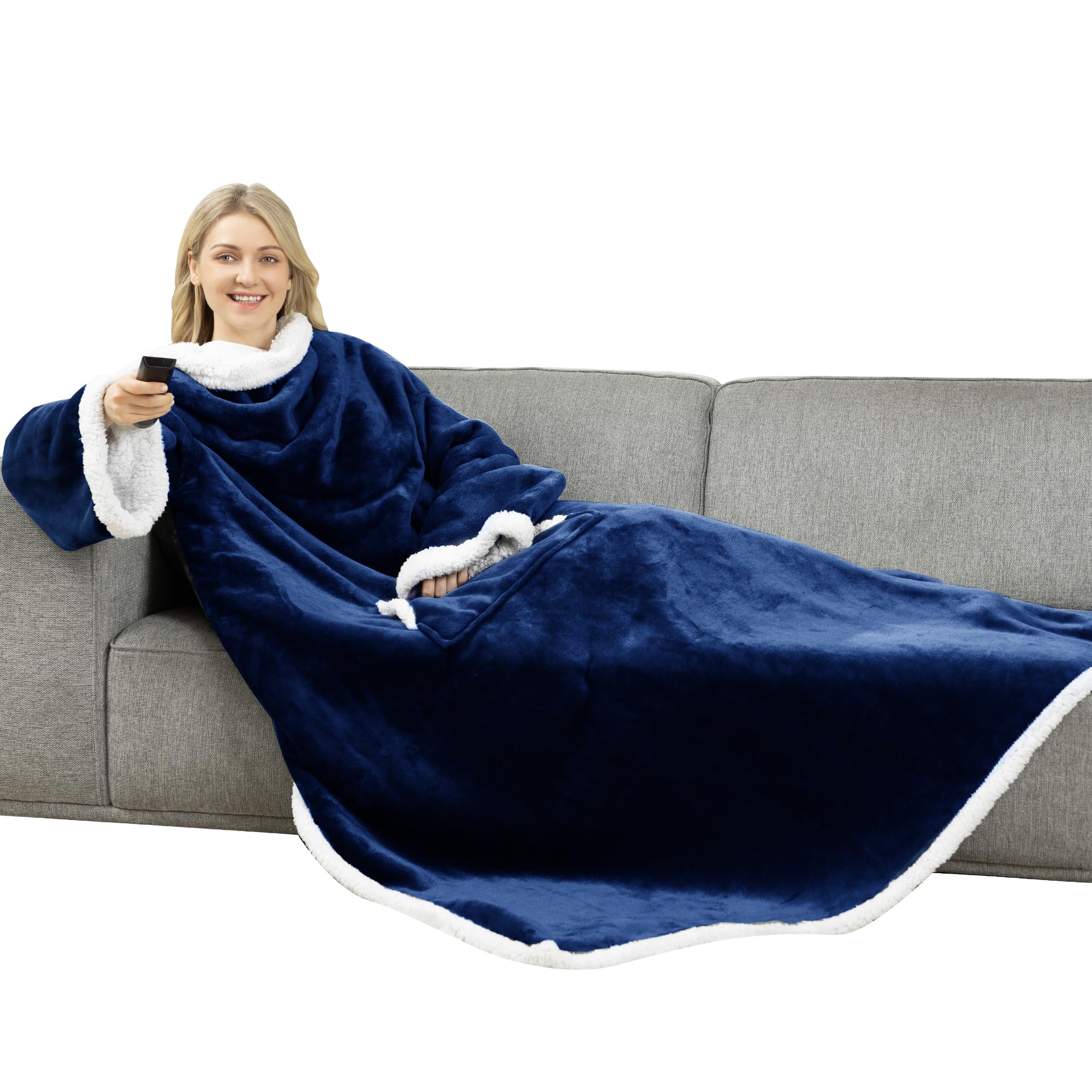 Winthome Manta con Mangas Gruesa, Batamanta Doble con Bolsillo, Plaid Sofa Hombre Mujer, Bata Blanket Polar Suave y Caliente, Regalos, Ahorrar Costes de Calefacción (Azul Oscuro, 140x180cm)